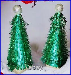 Vintage Pair 1960 Eyelash Aluminum Christmas Tree 16 Green Glitter Sphere Top