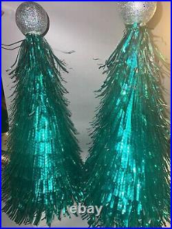 Vintage Pair 1960 Eyelash Aluminum Christmas Tree 16 Green Glitter Sphere Top