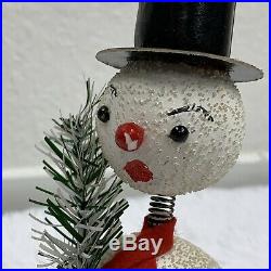 Vintage Paper Mache Nodder Snowman Christmas Candy Container Scarf Tree
