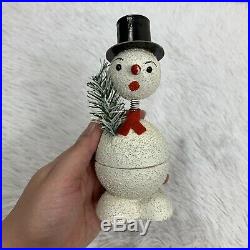 Vintage Paper Mache Nodder Snowman Christmas Candy Container Scarf Tree