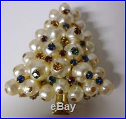 Vintage Pearls with Multi Color Crystal Christmas Tree Brooch Pin