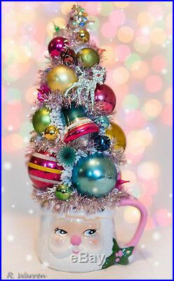 Vintage Pink Santa Cup with Bottle Brush Tree Decorated Christmas Ornaments