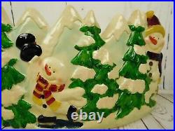 Vintage Plastic Outdoor Blow Mold Christmas Scene Snowmen and Trees 11x24 Inch