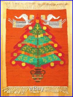 Vintage Polish HANDWOVEN WOOL KILIM CHRISTMAS TREE 70x90 cm Tapestry Rug