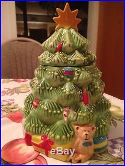 Vintage Porcelain Ceramic Christmas Tree Cookie Jar w Teddy Bear & Presents Rare