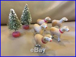 Vintage Putz Christmas 5 Sheep Lamb Nativity Wooly Stick Leg 2 Trees Germany