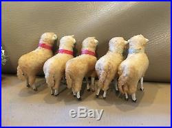 Vintage Putz Christmas 5 Sheep Lamb Nativity Wooly Stick Leg 2 Trees Germany