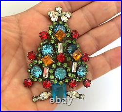 Vintage RR Signed 3D Colorful Rhinestone Christmas Tree Brooch Pin Beautiful