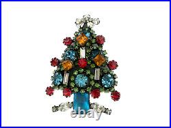 Vintage RR Signed 3D Colorful Rhinestone Christmas Tree Brooch Pin Beautiful