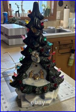 Vintage Rare Nativity Ceramic Christmas Tree Lighted Snow Base