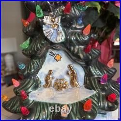 Vintage Rare Nativity Ceramic Christmas Tree Lighted Snow Base