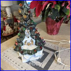 Vintage Rare Nativity Ceramic Christmas Tree Lighted Snow Base