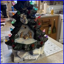 Vintage Rare Nativity Ceramic Christmas Tree Lighted Snow Base