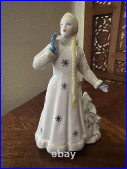 Vintage Rare Snow Maiden DULEVO Porcelain USSR Blonde 6 inch Blue Christmas Tree