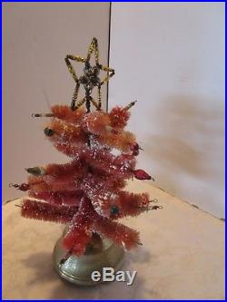 Vintage Red Bottle Brush Christmas Tree Mercury Glass Star music box Snow 12¾ H