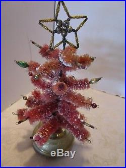 Vintage Red Bottle Brush Christmas Tree Mercury Glass Star music box Snow 12¾ H