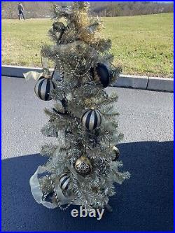 Vintage Retro Gold Tinsel Christmas Tree with Ornaments Lighted