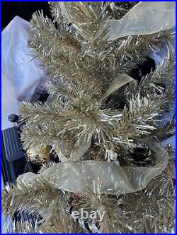 Vintage Retro Gold Tinsel Christmas Tree with Ornaments Lighted