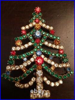 Vintage Rhinestone Christmas tree pin brooch gold tone Prong Set Multicolored