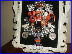 Vintage Rhinestone Jewelry Christmas Tree Art Framed, Halloween, Pumpkins, Cats
