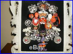 Vintage Rhinestone Jewelry Christmas Tree Art Framed, Halloween, Pumpkins, Cats