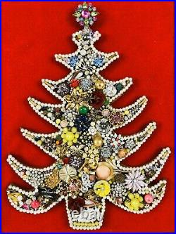 Vintage Rhinestone Jewelry Christmas Tree Framed Art Picture 16 X 20