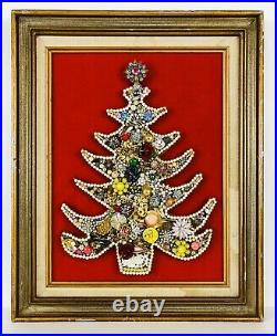 Vintage Rhinestone Jewelry Christmas Tree Framed Art Picture 16 X 20