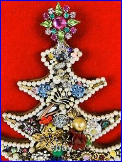 Vintage Rhinestone Jewelry Christmas Tree Framed Art Picture 16 X 20