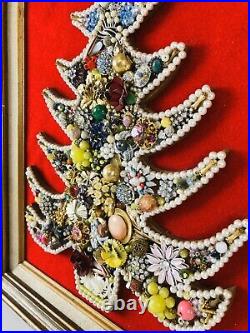 Vintage Rhinestone Jewelry Christmas Tree Framed Art Picture 16 X 20