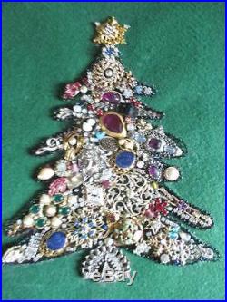 Vintage Rhinestone Jewelry Christmas Tree Framed Art Shadow Box