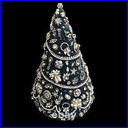 Vintage Rhinestone Jewelry Christmas Tree Tabletop Handmade Blue Velvet Base 12