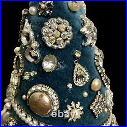 Vintage Rhinestone Jewelry Christmas Tree Tabletop Handmade Blue Velvet Base 12