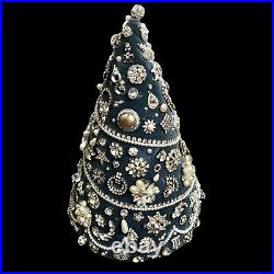 Vintage Rhinestone Jewelry Christmas Tree Tabletop Handmade Blue Velvet Base 12