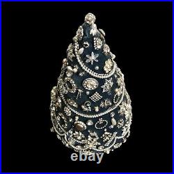 Vintage Rhinestone Jewelry Christmas Tree Tabletop Handmade Blue Velvet Base 12