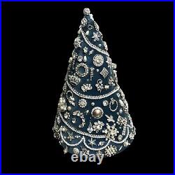 Vintage Rhinestone Jewelry Christmas Tree Tabletop Handmade Blue Velvet Base 12