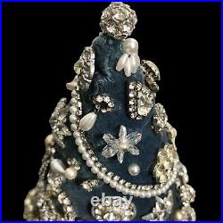 Vintage Rhinestone Jewelry Christmas Tree Tabletop Handmade Blue Velvet Base 12