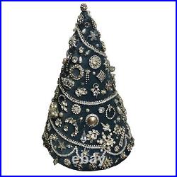 Vintage Rhinestone Jewelry Christmas Tree Tabletop Handmade Blue Velvet Base 12