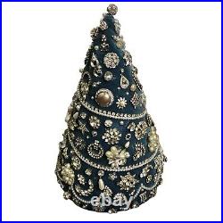 Vintage Rhinestone Jewelry Christmas Tree Tabletop Handmade Blue Velvet Base 12