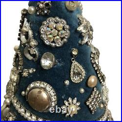 Vintage Rhinestone Jewelry Christmas Tree Tabletop Handmade Blue Velvet Base 12