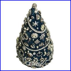 Vintage Rhinestone Jewelry Christmas Tree Tabletop Handmade Blue Velvet Base 12