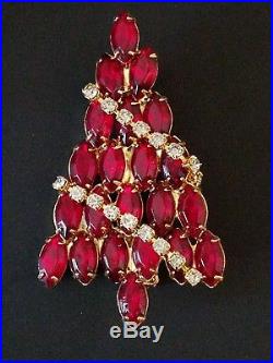 Vintage SIGNED Attruia Red Crystal Christmas Tree Pin Brooch with Hanging Garland