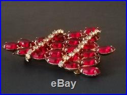 Vintage SIGNED Attruia Red Crystal Christmas Tree Pin Brooch with Hanging Garland