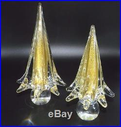 Vintage Set 2 Murano Italy Gold Fleck In Clear Twist Swirl Christmas Tree Trees