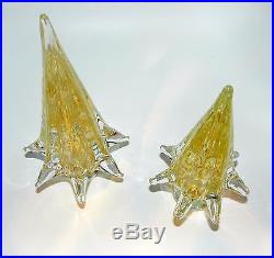 Vintage Set 2 Murano Italy Gold Fleck In Clear Twist Swirl Christmas Tree Trees