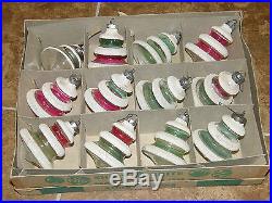 Vintage Shiny Brite 12 Snow Cap UFO Lantern Flock Mica Christmas Tree Ornaments