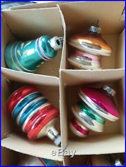 Vintage Shiny Brite Color stripe Top Ufo Glass Christmas Ornaments Mica lot 12