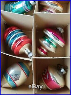 Vintage Shiny Brite Color stripe Top Ufo Glass Christmas Ornaments Mica lot 12