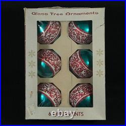 Vintage Shiny Brite Glass Striped Glittered Christmas Tree Ornaments 6pc in BOX