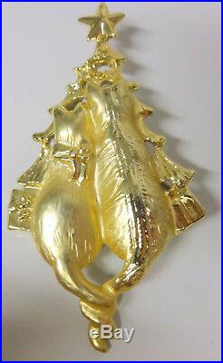 Vintage Signed AJC Cats Love Celebrate Too Christmas Tree Gold Tone Pin Brooch