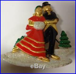 Vintage Signed AJC Ice Skating Couple Around Christmas Tree Enamel Pin Brooch